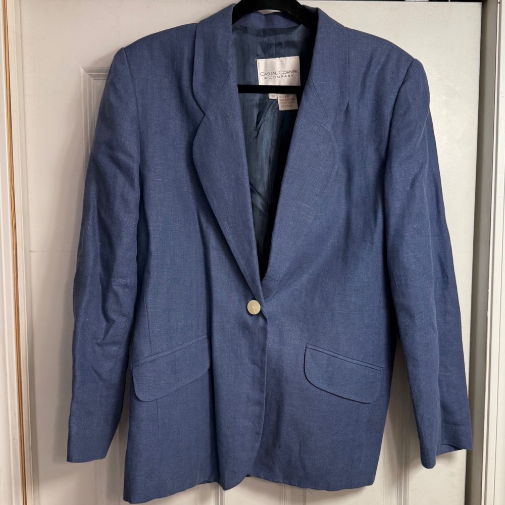 Casual Corner & Company Blue Linen Bulgaria‎ Blazer Suit Jacket Womens Size 12